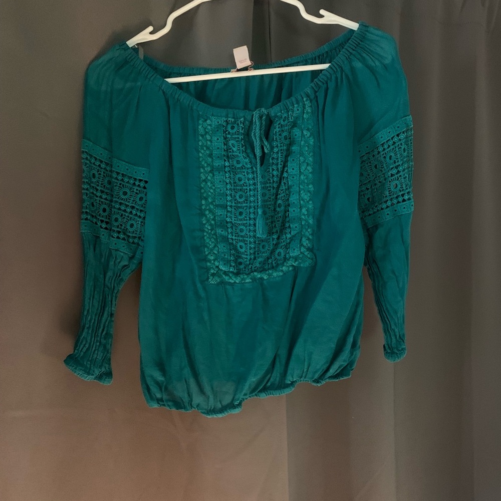 Teal off-shoulder tie front shirt